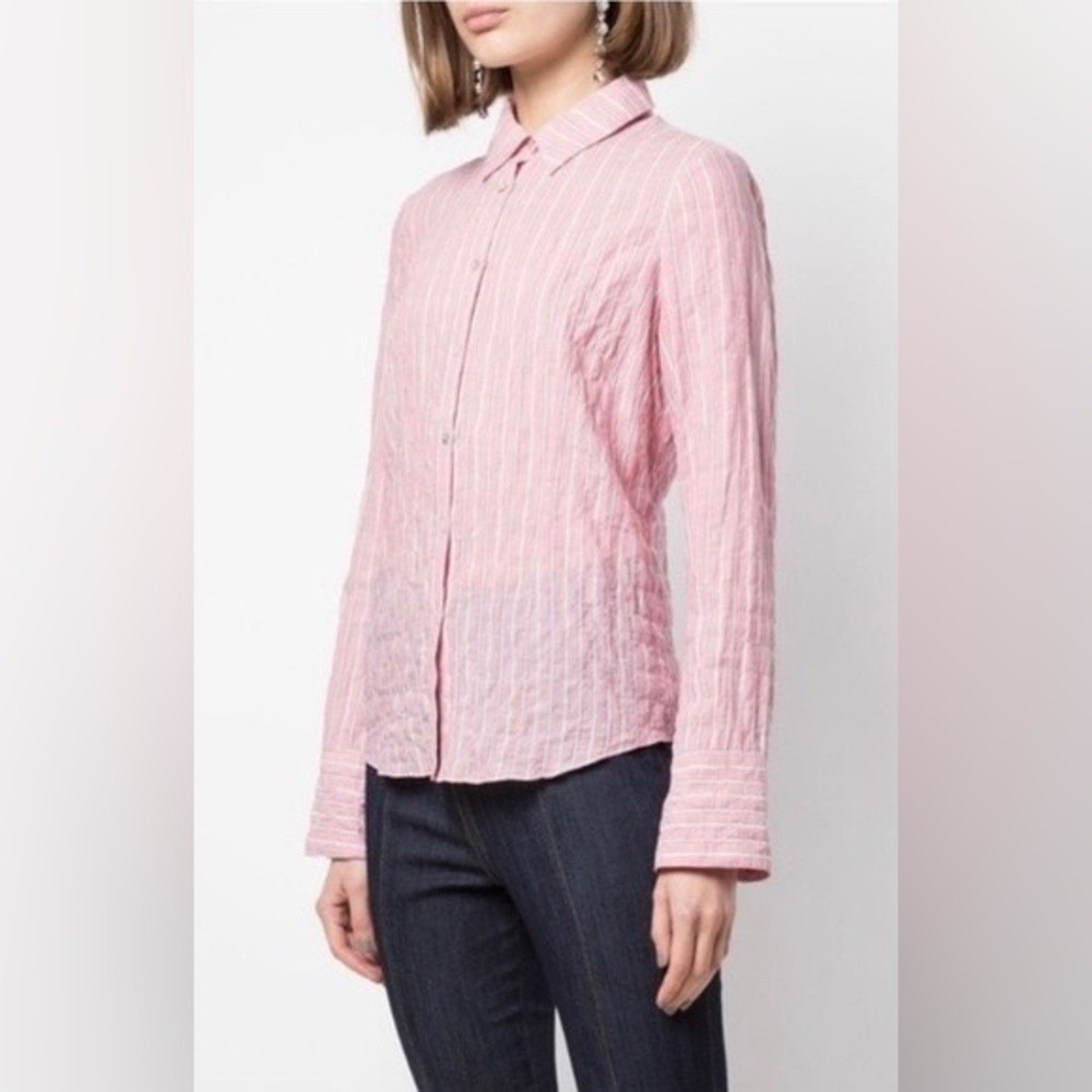 Cinq a Sept Marisol Cotton Pinstripe Button Front Shirt Pink XS Business Casual